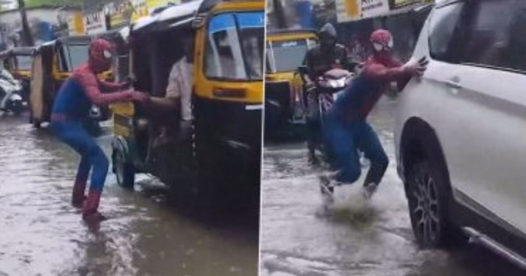 ‘Spiderman’ helps commuters navigate waterlogged roads in Bhiwandi