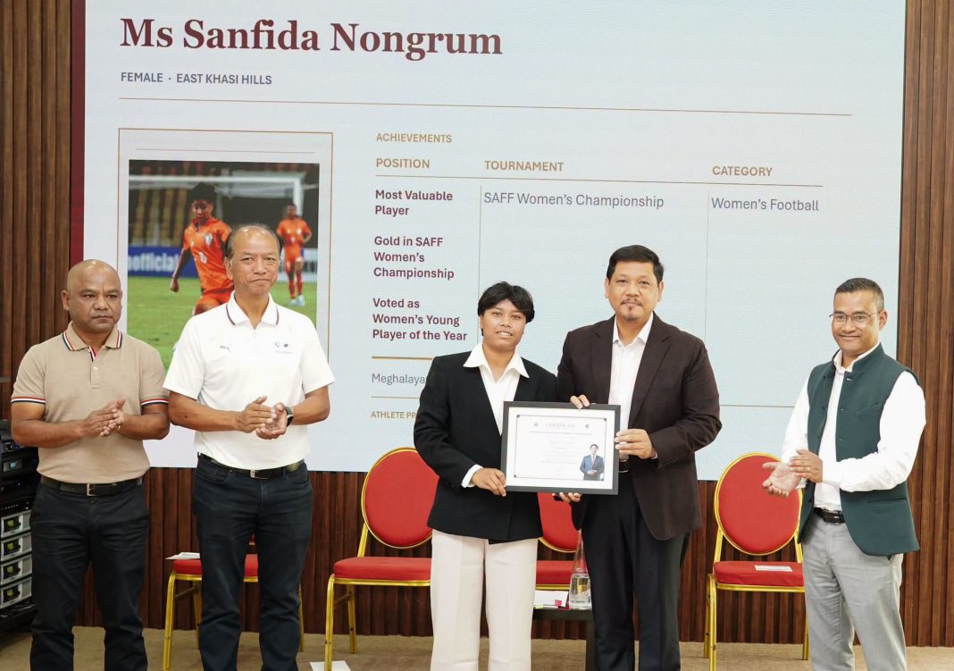 Footballer Sanfida Nongrum named Sports Achiever of the Month, felicitated by CM