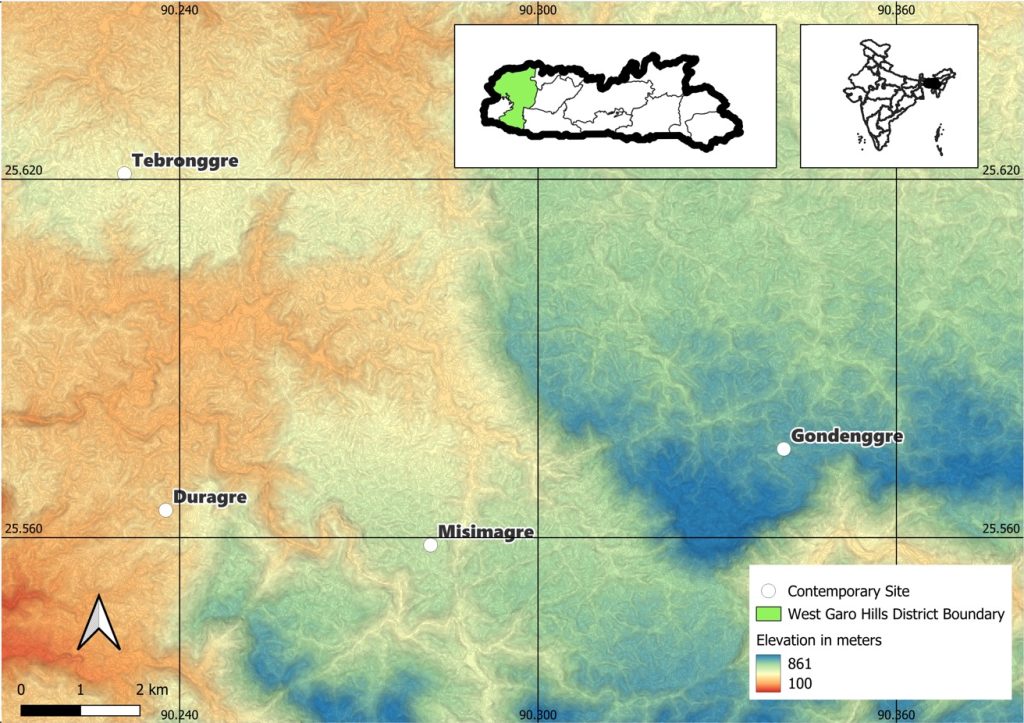 MAP: The area of study showing contemporary sites in West Garo Hills District