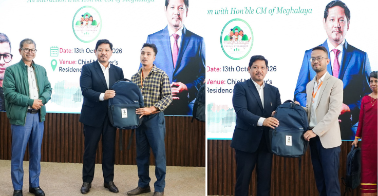 Chief Minister Conrad K. Sangma presents laptop bags to CMLEAD fellows in Shillong.